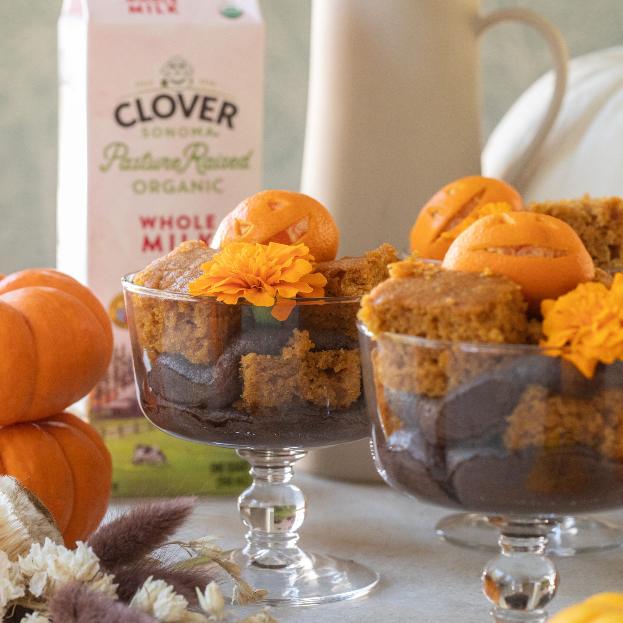 Pumpkin Trifles with Black Whipped Cream Clover